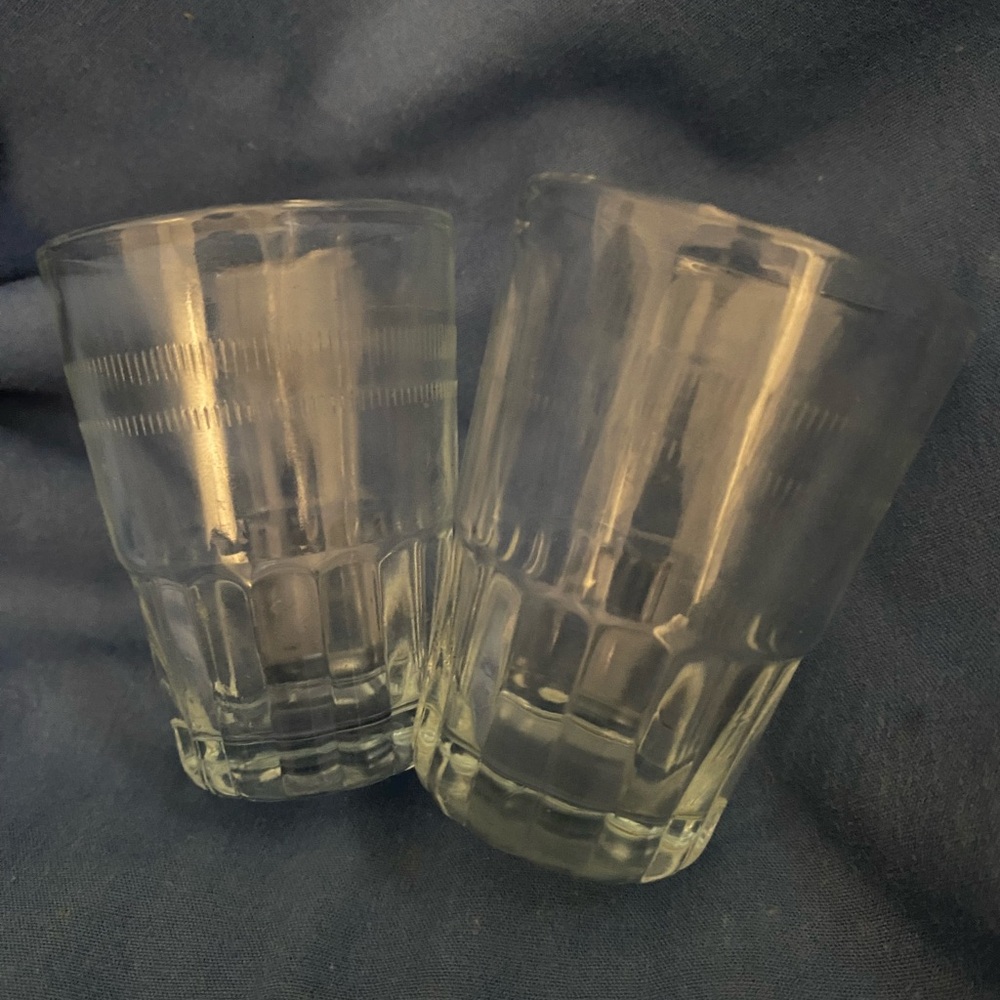 2 Vintage Etched Shot Glasses